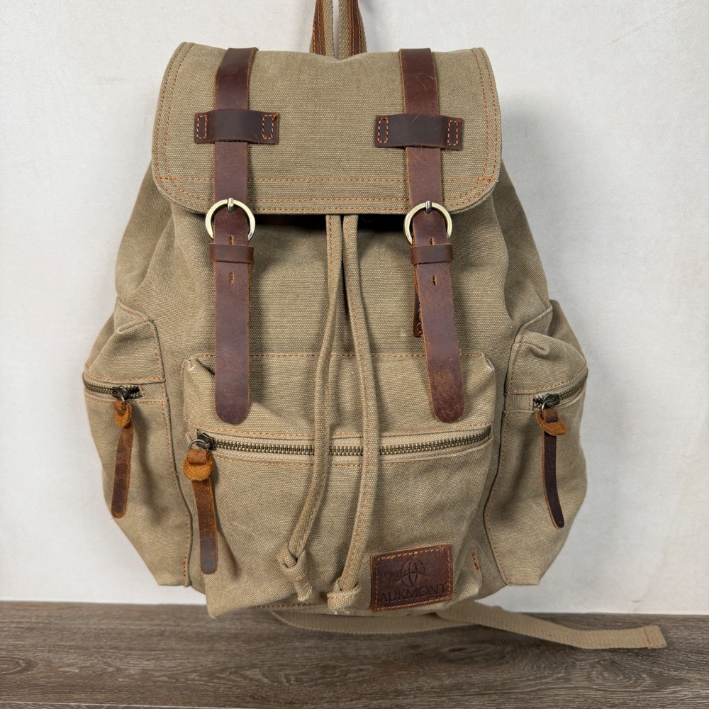 Aukmont Plus Canvas Leather Laptop Backpack Tan Rucksack Travel Hiking Bag